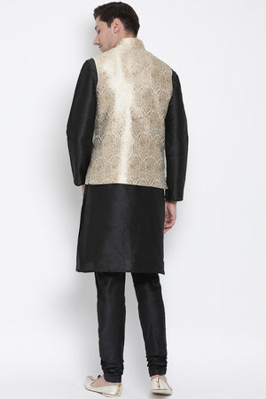Men's Cotton Silk Jacket Kurta Pyjama Set in Black
