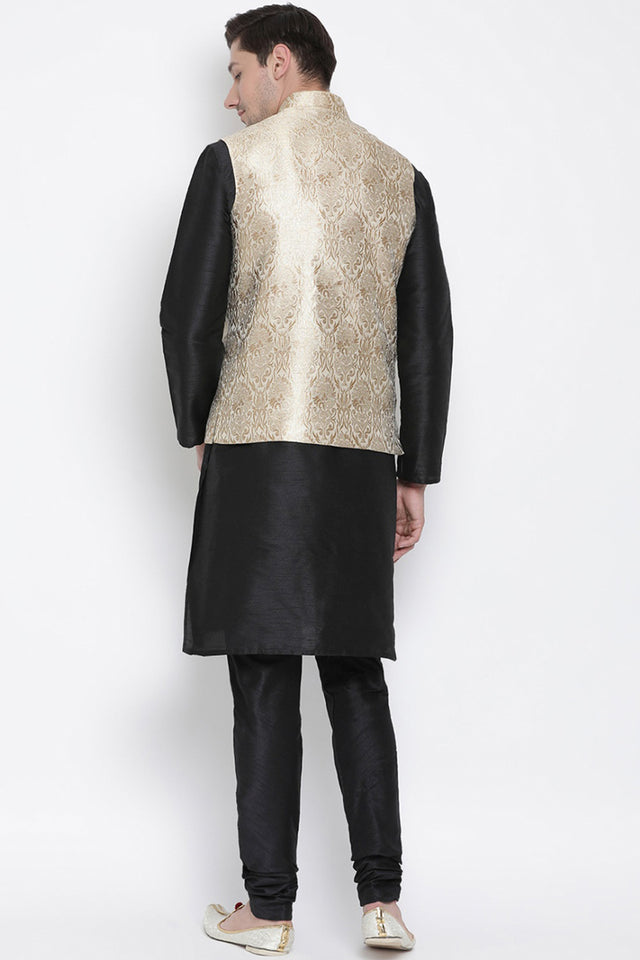 Men's Cotton Silk Jacket Kurta Pyjama Set in Black