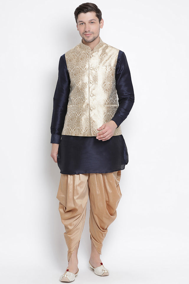 Men's Cotton Art Silk Kurta Set In Dark Blue
