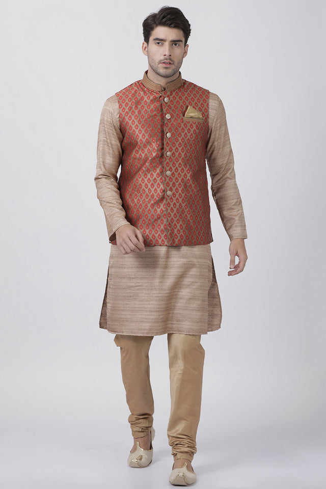 Men's Cotton Art Silk Ethnic Jacket In Maroon