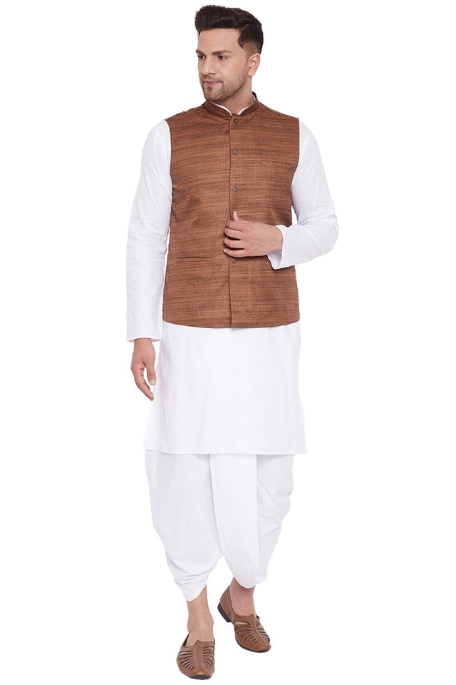 Buy Men's Blended Cotton Solid Kurta and Dhoti Set in White