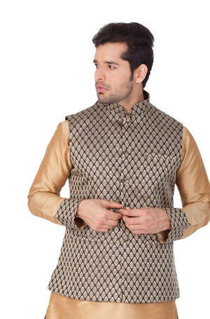 Men's Art Silk Blend Woven Modi Nehru Jacket In Black
