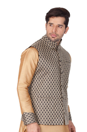 Men's Art Silk Blend Woven Modi Nehru Jacket In Black