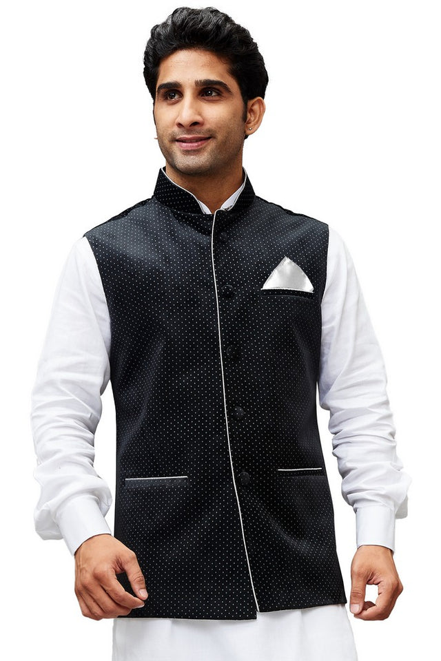 Men's Velvet Printed Modi Nehru Jacket In Black