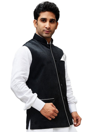 Men's Velvet Printed Modi Nehru Jacket In Black