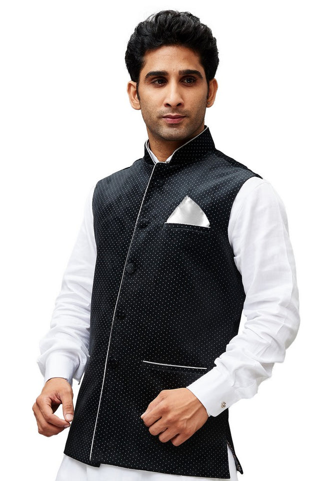 Men's Velvet Printed Modi Nehru Jacket In Black