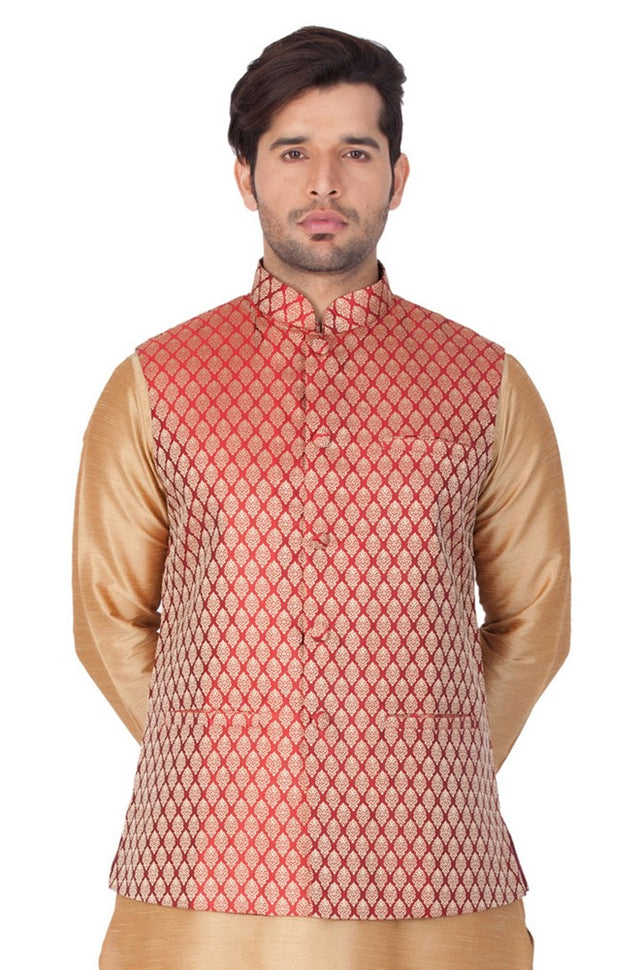 Men's Art Silk Blend Woven Modi Nehru Jacket In Maroon