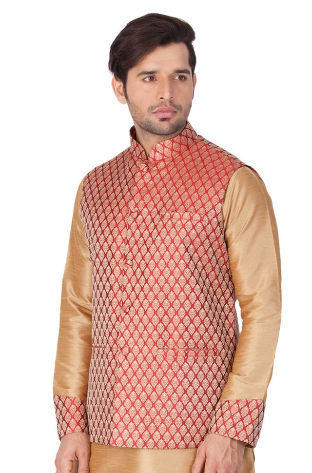 Men's Art Silk Blend Woven Modi Nehru Jacket In Maroon