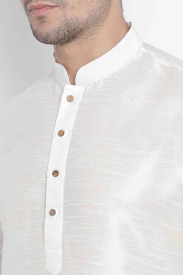 Men's Cotton Art Silk Kurta Set In White