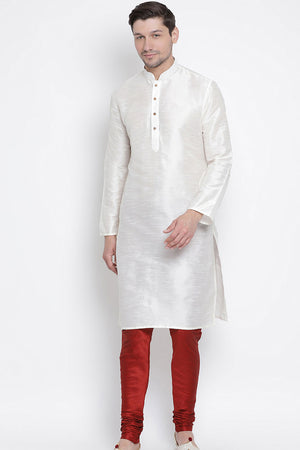 Men's Cotton Art Silk Kurta Set In White