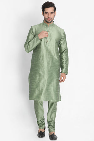 Men's Cotton Art Silk Kurta Set In Light Green