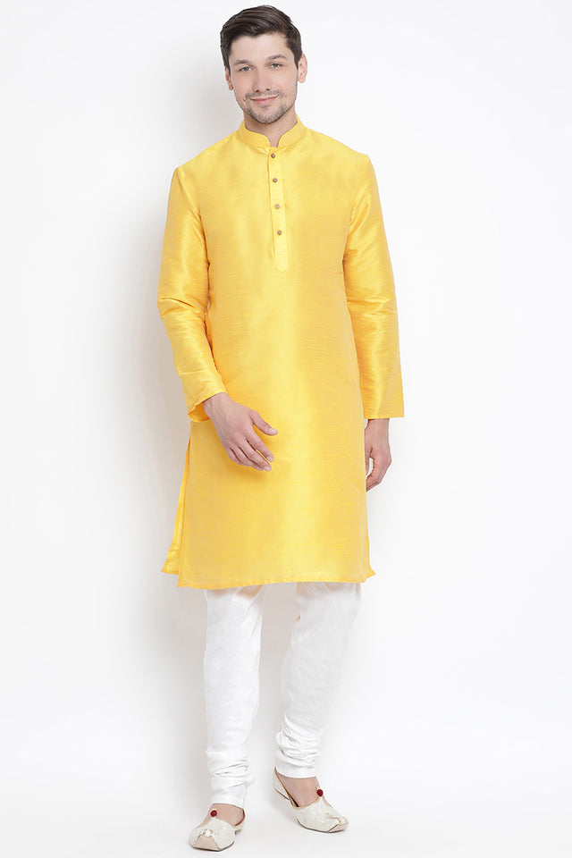 Men's Cotton Art Silk Kurta Set In Yellow