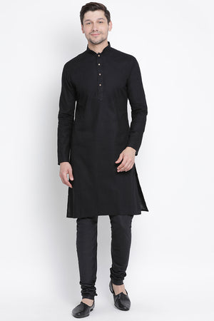 Men's Blended Cotton Kurta Set In Black