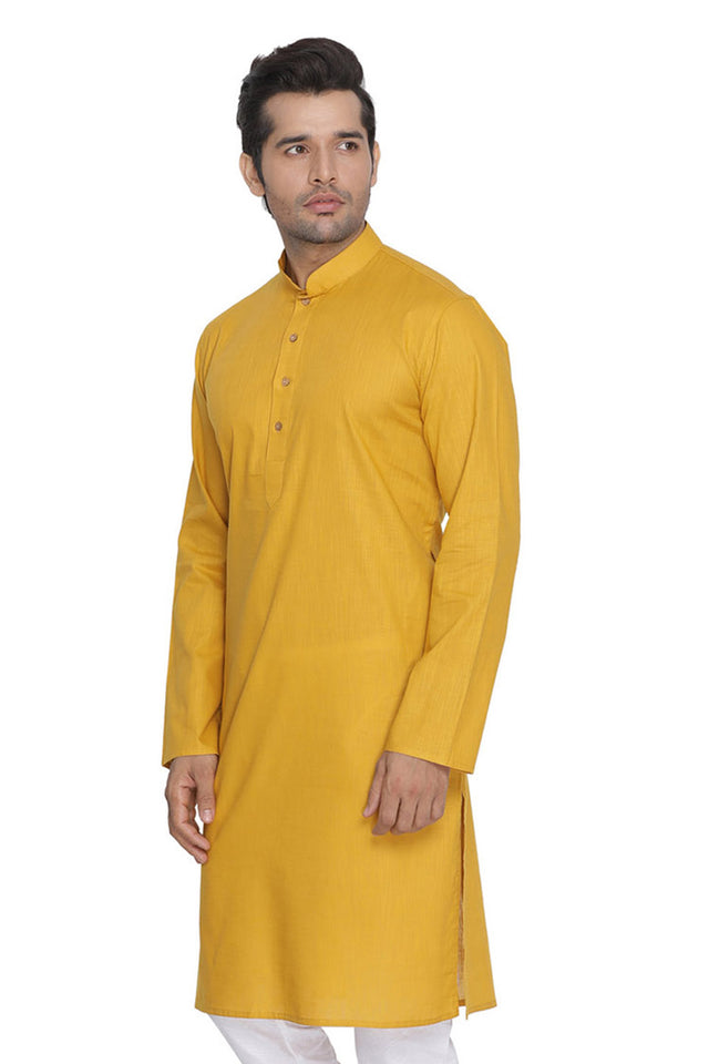 Men's Blended Cotton Kurta In Yellow