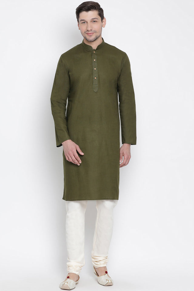 Men's Cotton Kurta Pajama Set In Mehandi