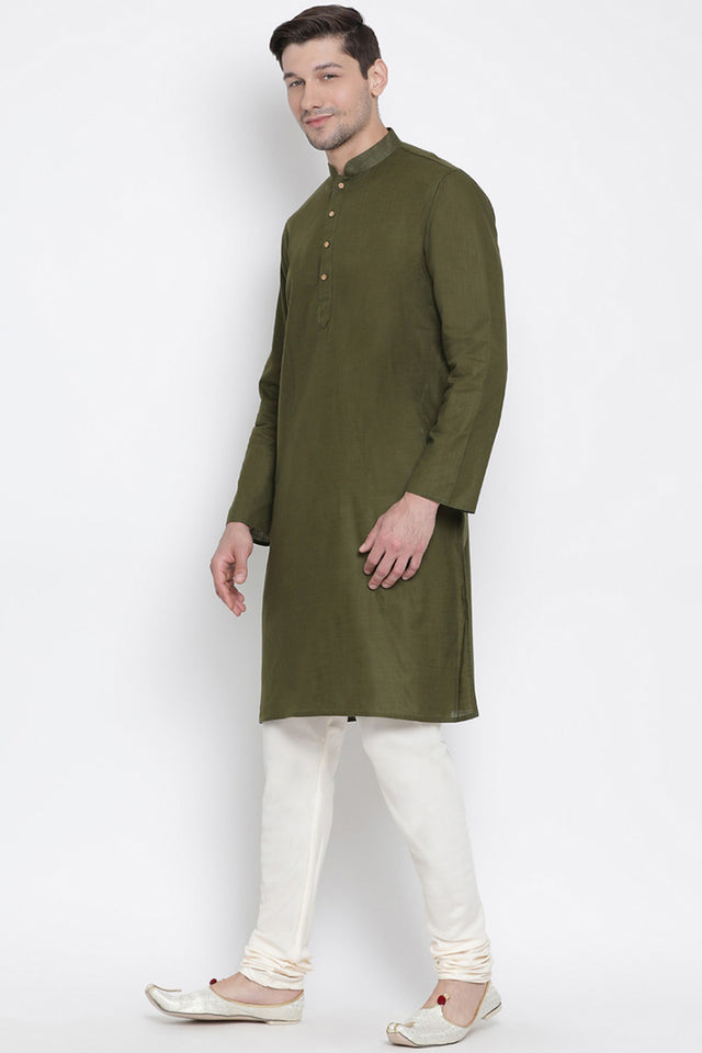 Men's Cotton Kurta Pajama Set In Mehandi