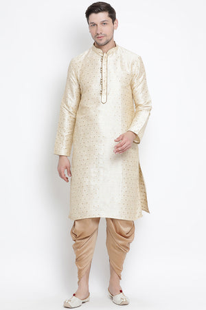 Men's Cotton Art Silk Kurta Set In Gold
