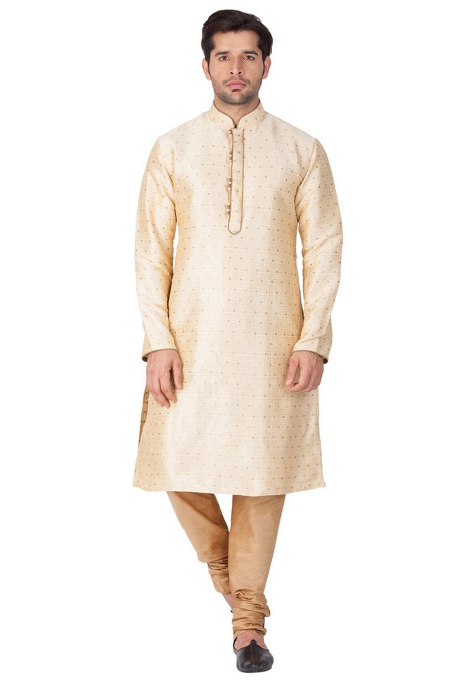 Men's Cotton Art Silk Woven Kurta And Pajama Set In Gold