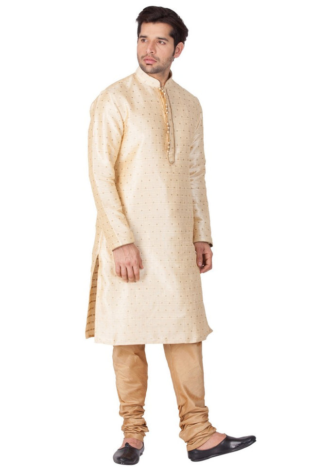 Men's Cotton Art Silk Woven Kurta And Pajama Set In Gold