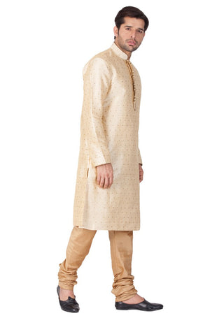 Men's Cotton Art Silk Woven Kurta And Pajama Set In Gold