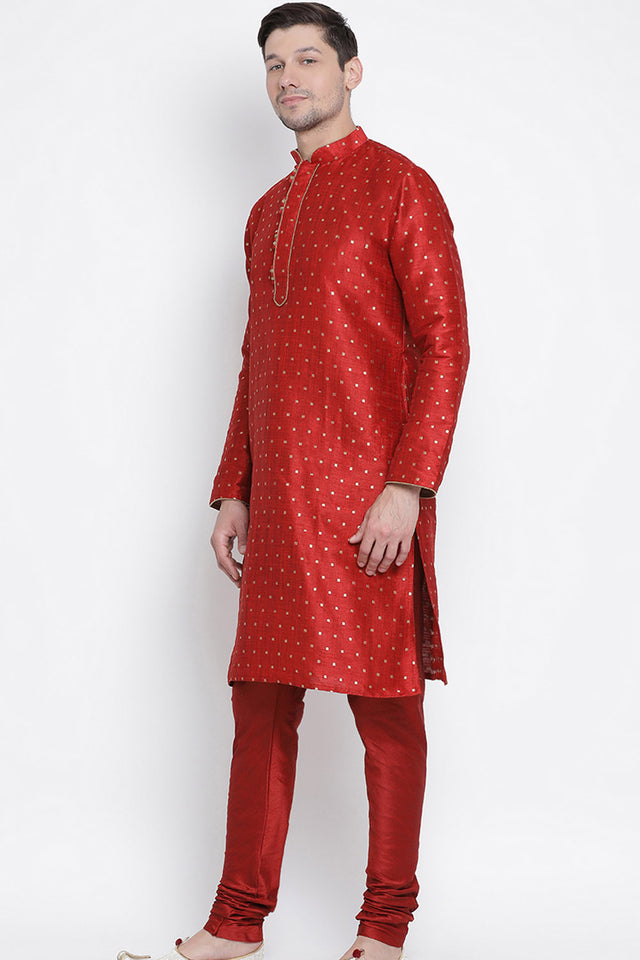 Men's Cotton Art Silk Kurta Set In Maroon