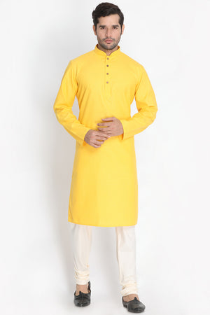 Men's Blended Cotton Kurta Set In Yellow