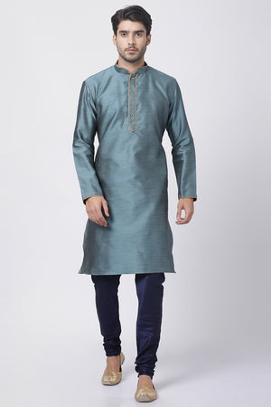 Men's Cotton Art Silk Kurta Set In Light Blue
