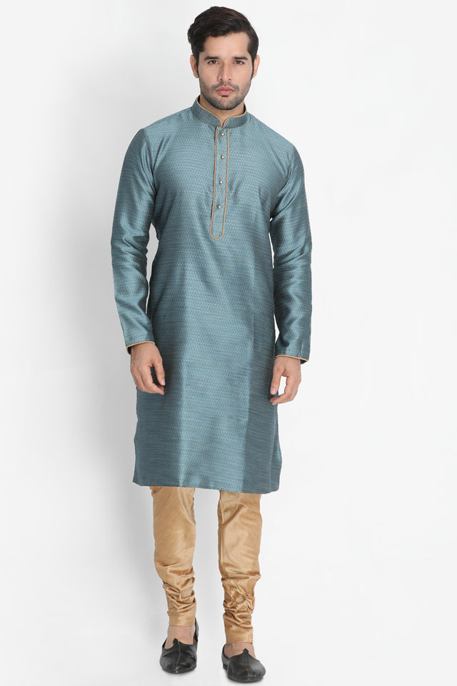 Men's Cotton Art Silk Kurta Set In Light Blue