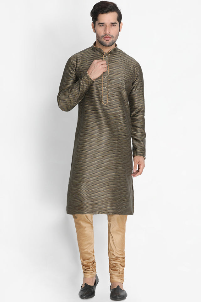 Men's Cotton Art Silk Kurta Set In Black