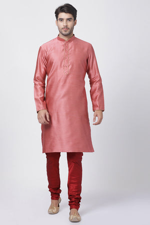 Men's Cotton Art Silk Kurta Set In Pink