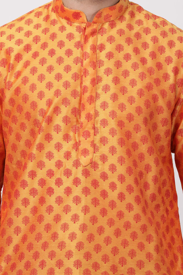 Men's Cotton Art Silk Kurta In Orange