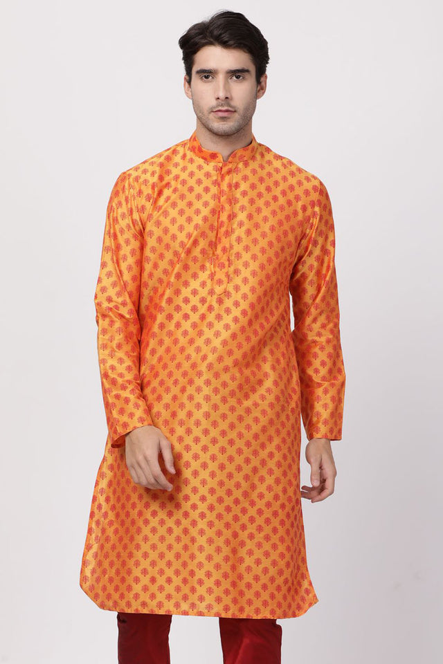 Men's Cotton Art Silk Kurta In Orange