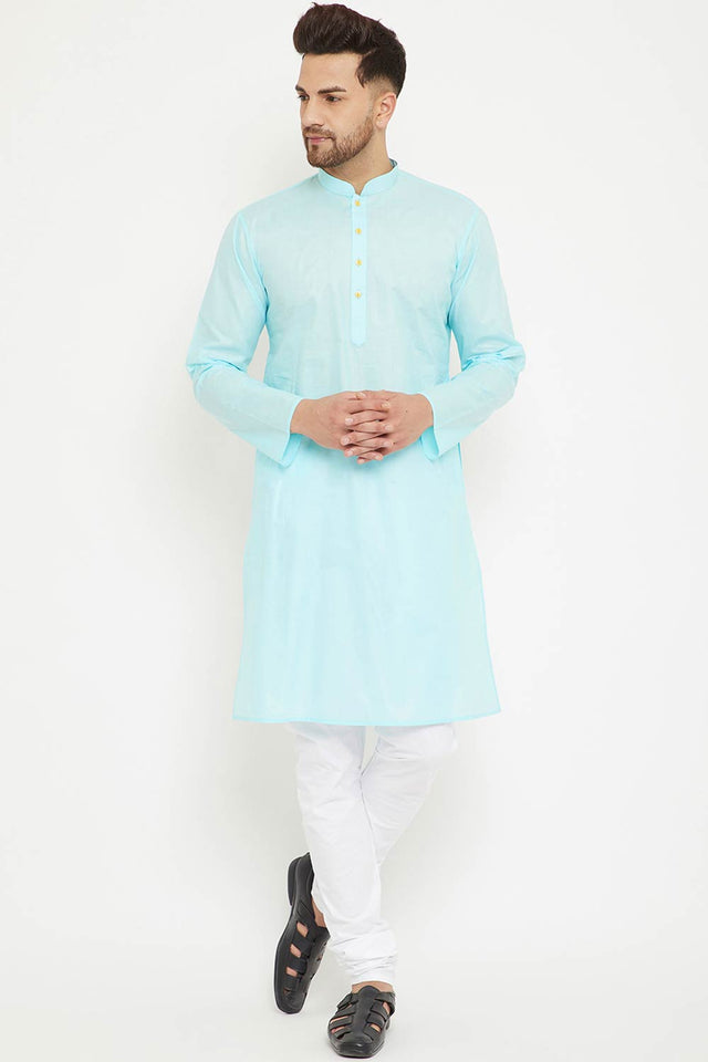 Buy Men's blended Cotton Solid Kurta Set in Aqua