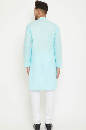 Buy Men's blended Cotton Solid Kurta Set in Aqua - Back