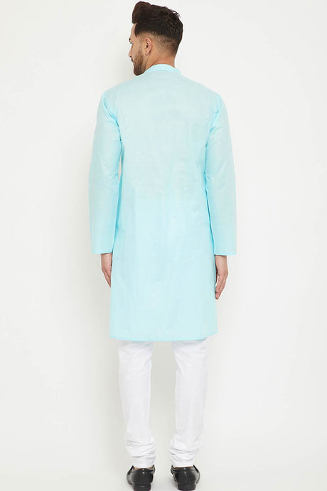Buy Men's blended Cotton Solid Kurta Set in Aqua - Back