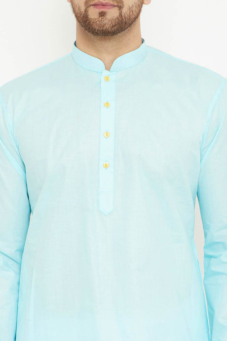 Buy Men's blended Cotton Solid Kurta Set in Aqua - Online