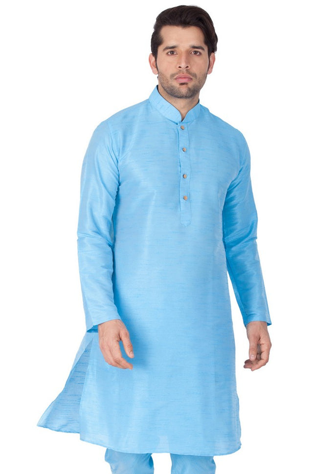 Men's Cotton Art Silk Solid Kurta In Light Blue