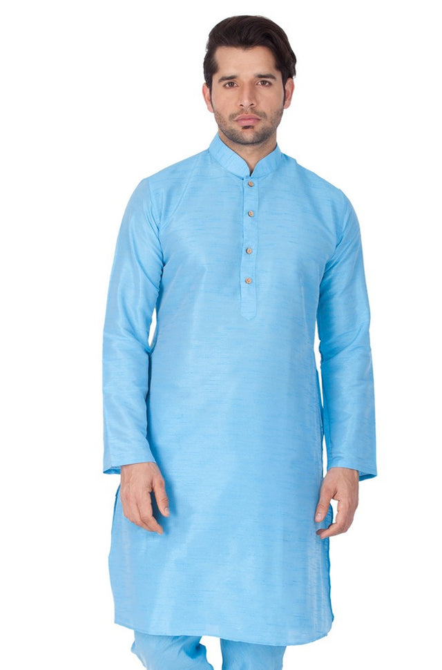 Men's Cotton Art Silk Solid Kurta In Light Blue