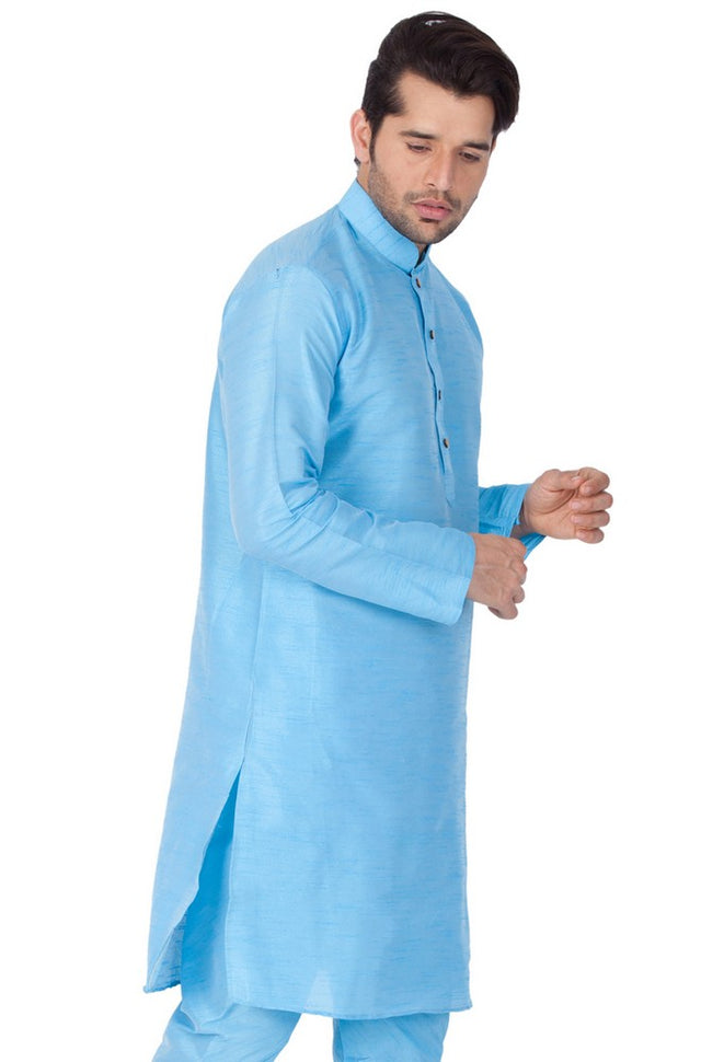 Men's Cotton Art Silk Solid Kurta In Light Blue