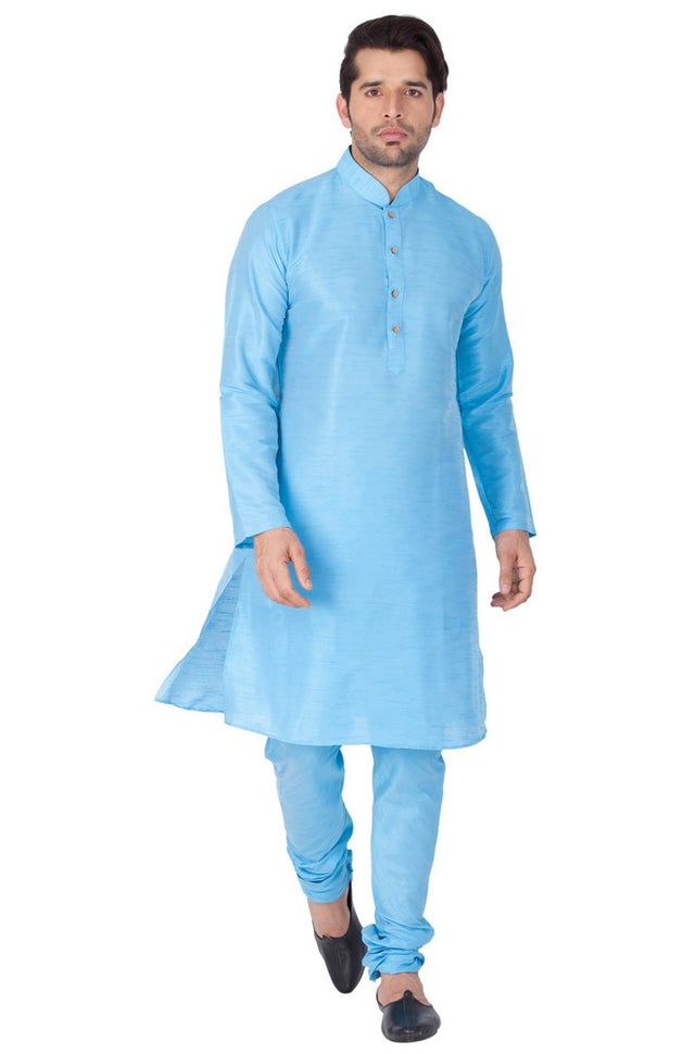 Men's Cotton Art Silk Solid Kurta And Pajama Set In Light Blue