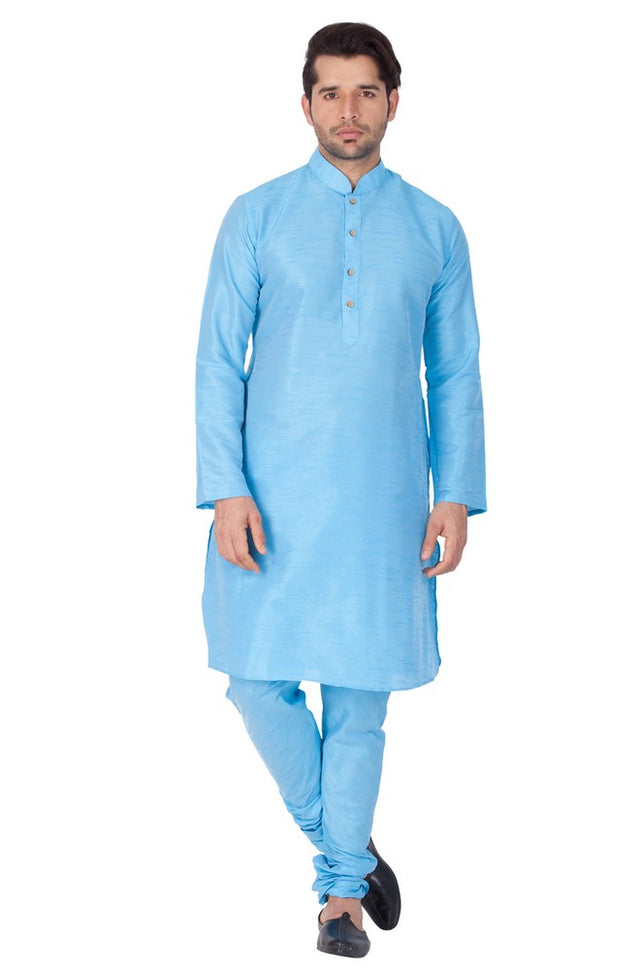 Men's Cotton Art Silk Solid Kurta And Pajama Set In Light Blue
