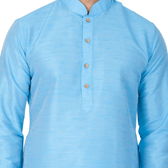 Men's Cotton Art Silk Solid Kurta And Pajama Set In Light Blue