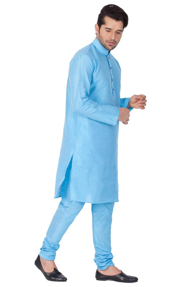 Men's Cotton Art Silk Solid Kurta And Pajama Set In Light Blue