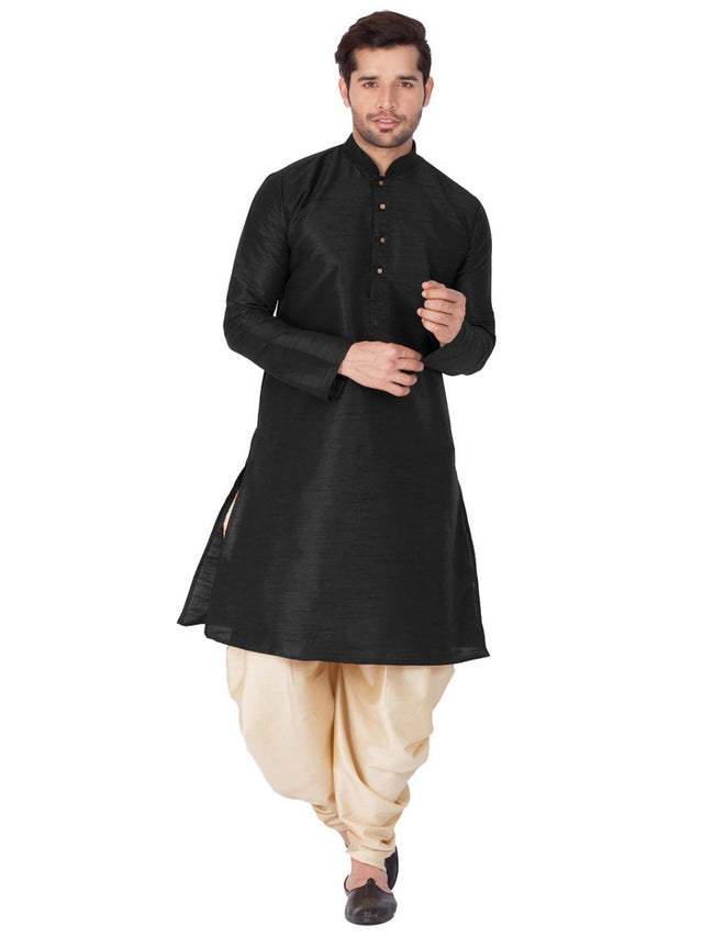 Men's Cotton Art Silk Solid Kurta And Cowl Dhoti Pant Set In Black