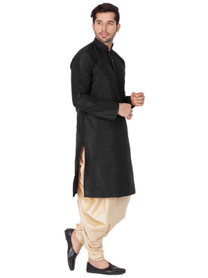 Men's Cotton Art Silk Solid Kurta And Cowl Dhoti Pant Set In Black