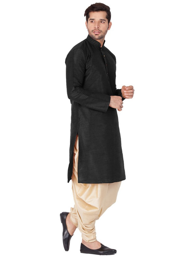 Men's Cotton Art Silk Solid Kurta And Cowl Dhoti Pant Set In Black