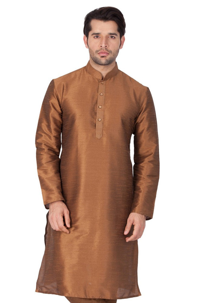 Men's Cotton Art Silk Solid Kurta In Brown
