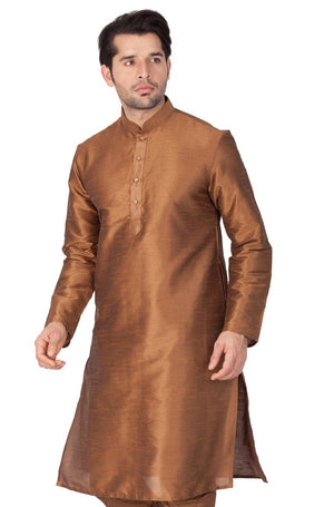Men's Cotton Art Silk Solid Kurta In Brown