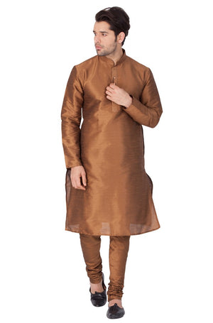 Men's Cotton Art Silk Solid Kurta And Pajama Set In Brown