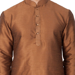 Men's Cotton Art Silk Solid Kurta And Pajama Set In Brown